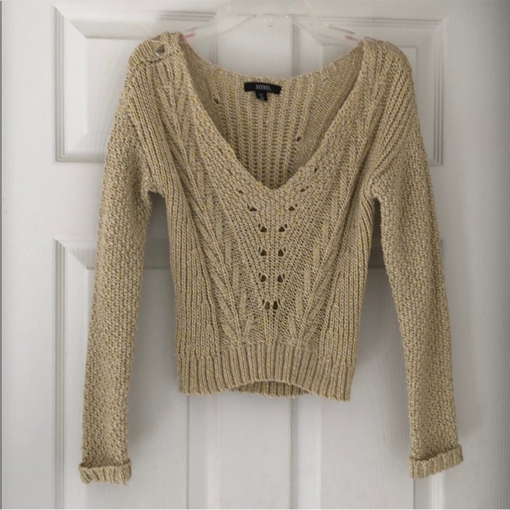 XOXO V-Neck Cable Knit Metallic Cropped Sweater Small - Picture 2 of 8